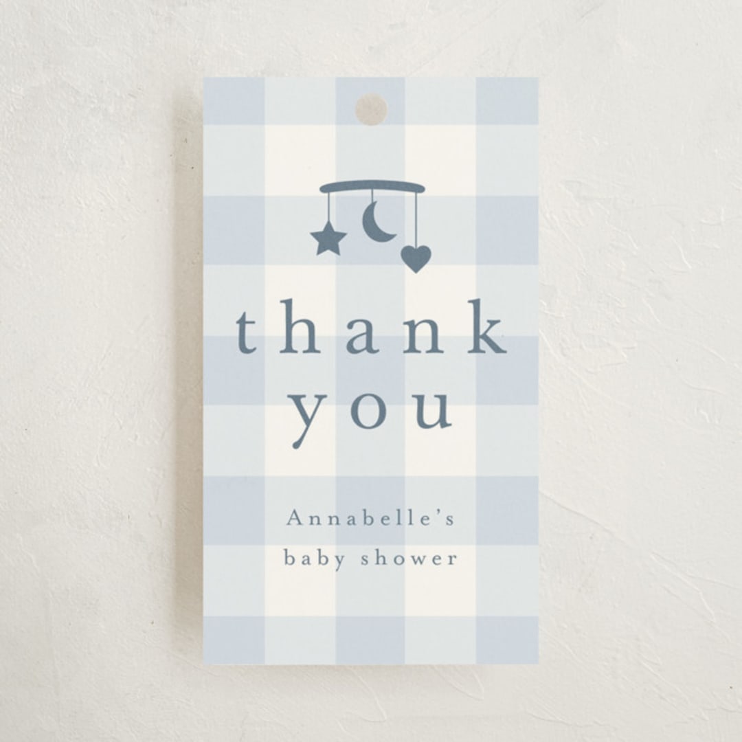 "Gingham Mobile" - Baby Shower Favor Tags in Baby blue by Stacey Meacham - Front