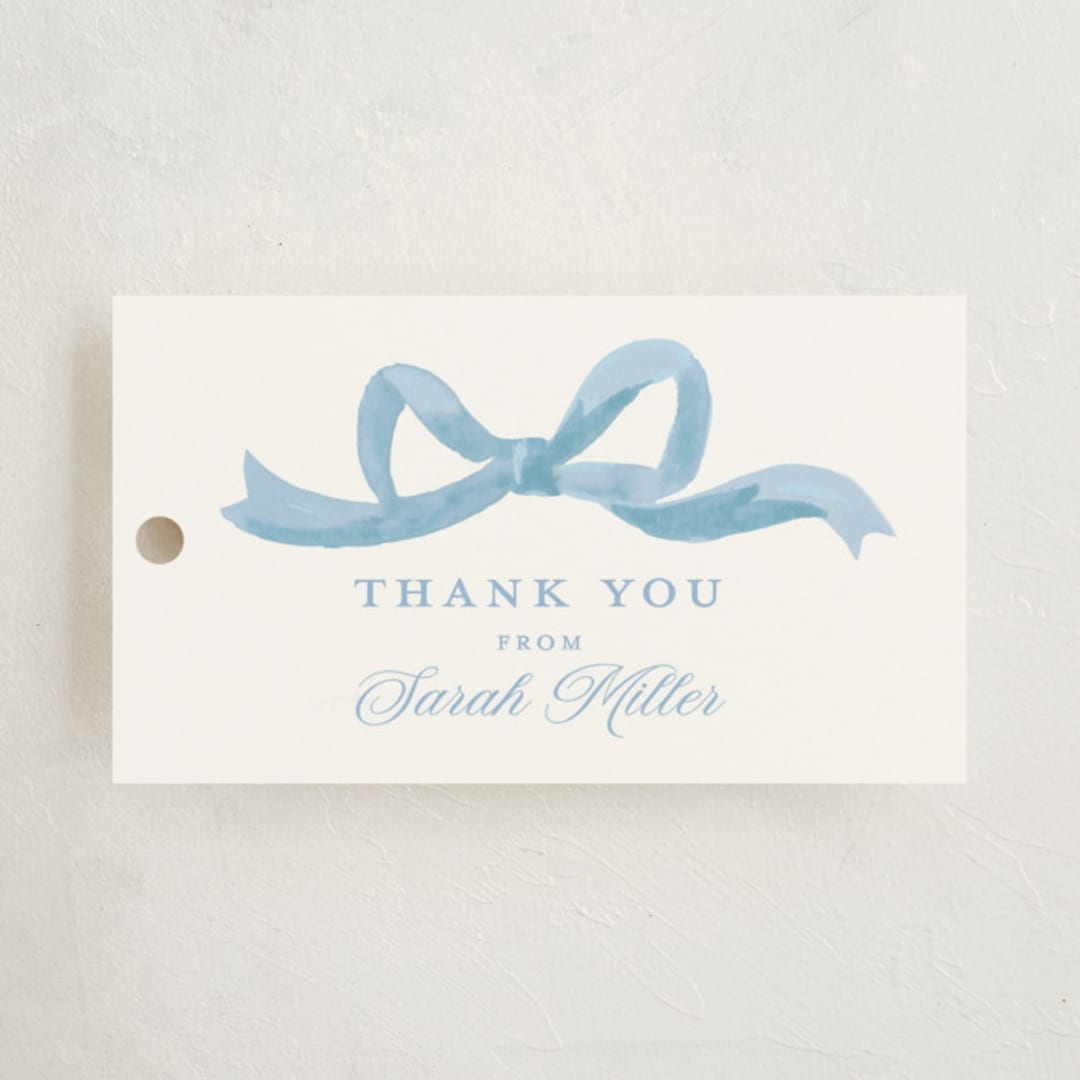 "Painted Bow" - Baby Shower Favor Tags in Sky by Teju Reval - Front
