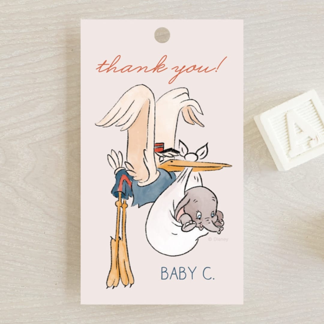 "Disney's Dumbo Stork Baby on the Way" - Baby Shower Favor Tags in Navy by Claudia Orengo - Front