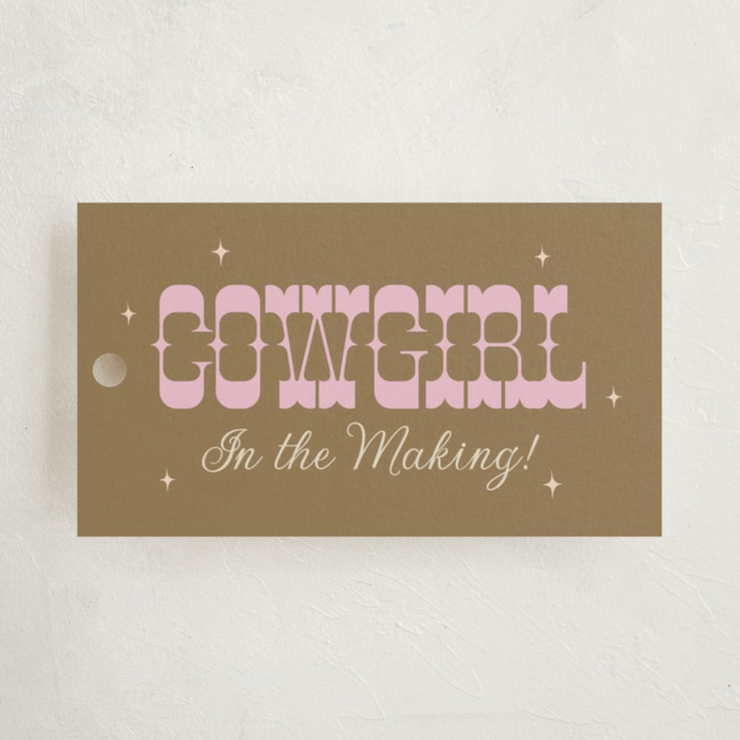 "Cowgirl on the Way!" - Baby Shower Favor Tags in Cocoa by Maggie Daugherty - Front