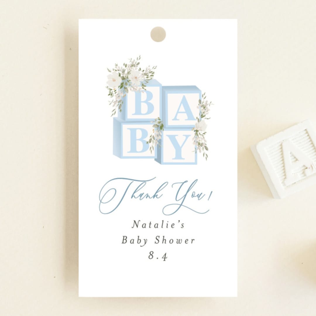 "Botanical Blocks" - Baby Shower Favor Tags in Baby Blue by Itsy Belle Studio - Front