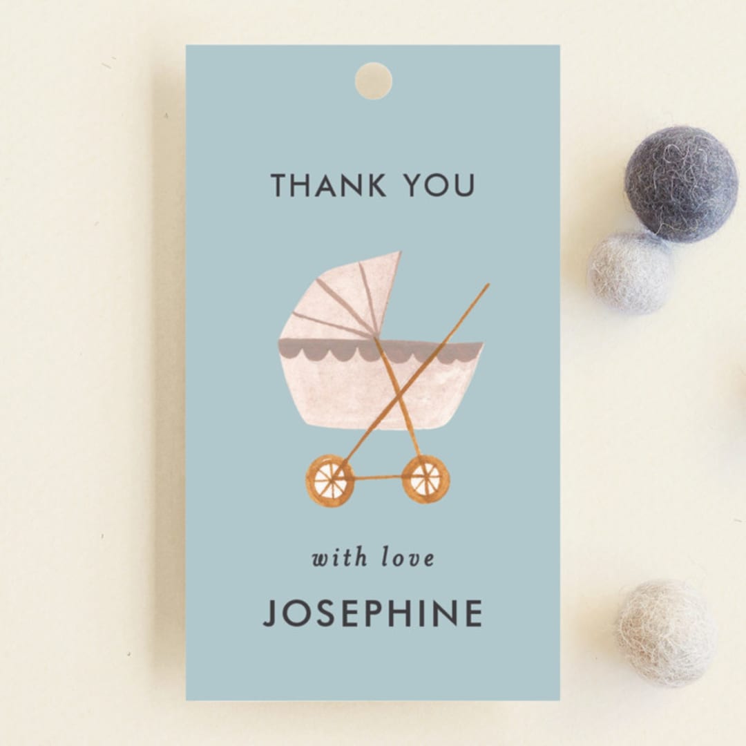 "Prams, bears and baby" - Baby Shower Favor Tags in Cloud by Sarah Knight - Front