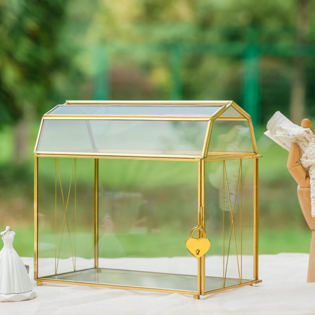 "Gold Barn Shape Geometric Brass and Glass Lockable Card Box" - Card Boxes in gold by Lea Li