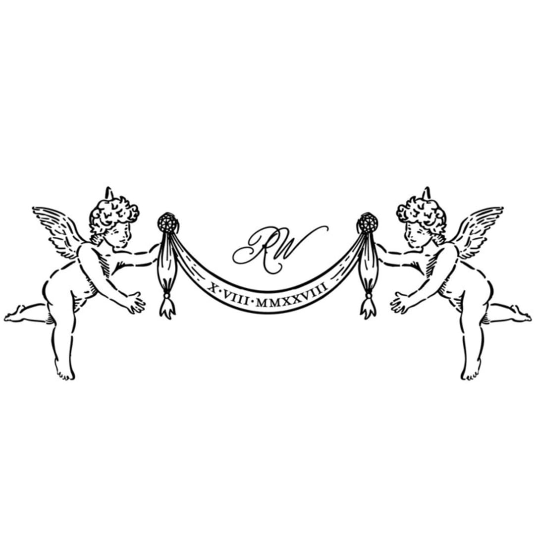 "Custom Cherub Crest Monogram with Initials & Date" - Commissioned Design Element in multicolor by Claudia Orengo