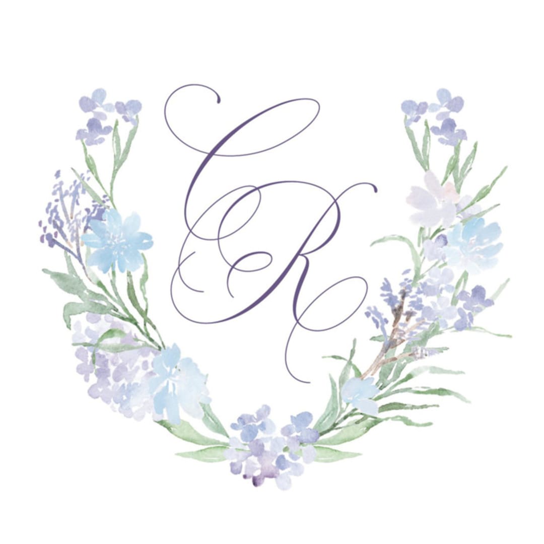 "Custom Hydrangea Watercolor Crest & Initials" - Commissioned Design Element in purple by Claudia Orengo