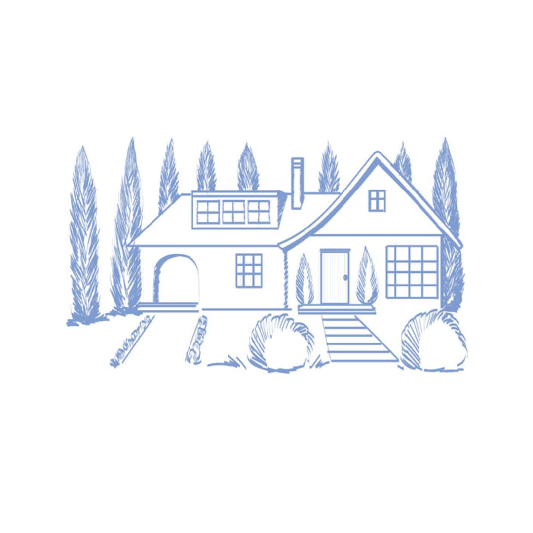 "Custom Line Drawing Venue" - Commissioned Design Element in blue by Teju Reval