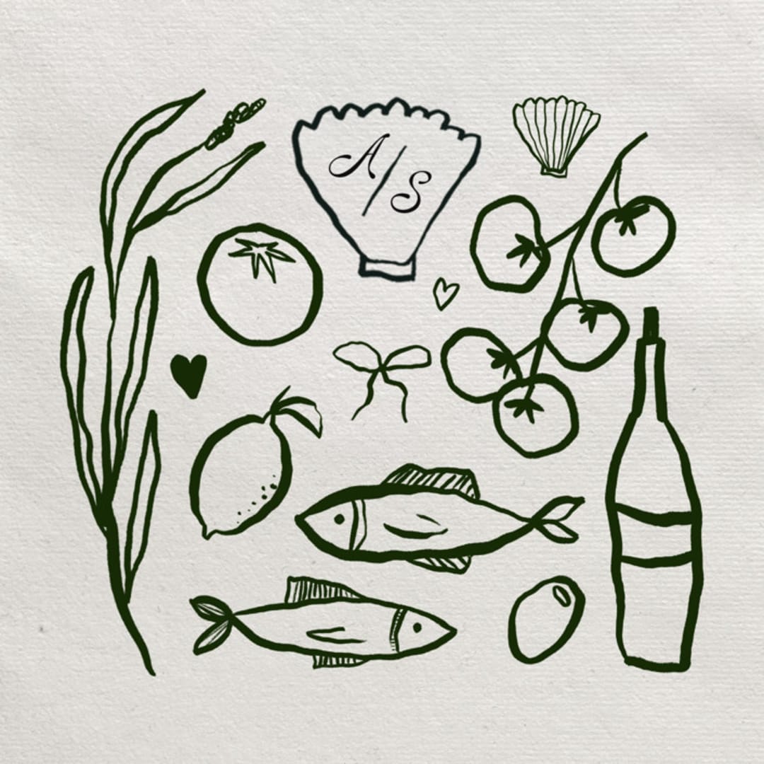 "Custom Amalfi Coast Illustration Set with Monogram" - Commissioned Design Element in black by Lottie Aldarwish