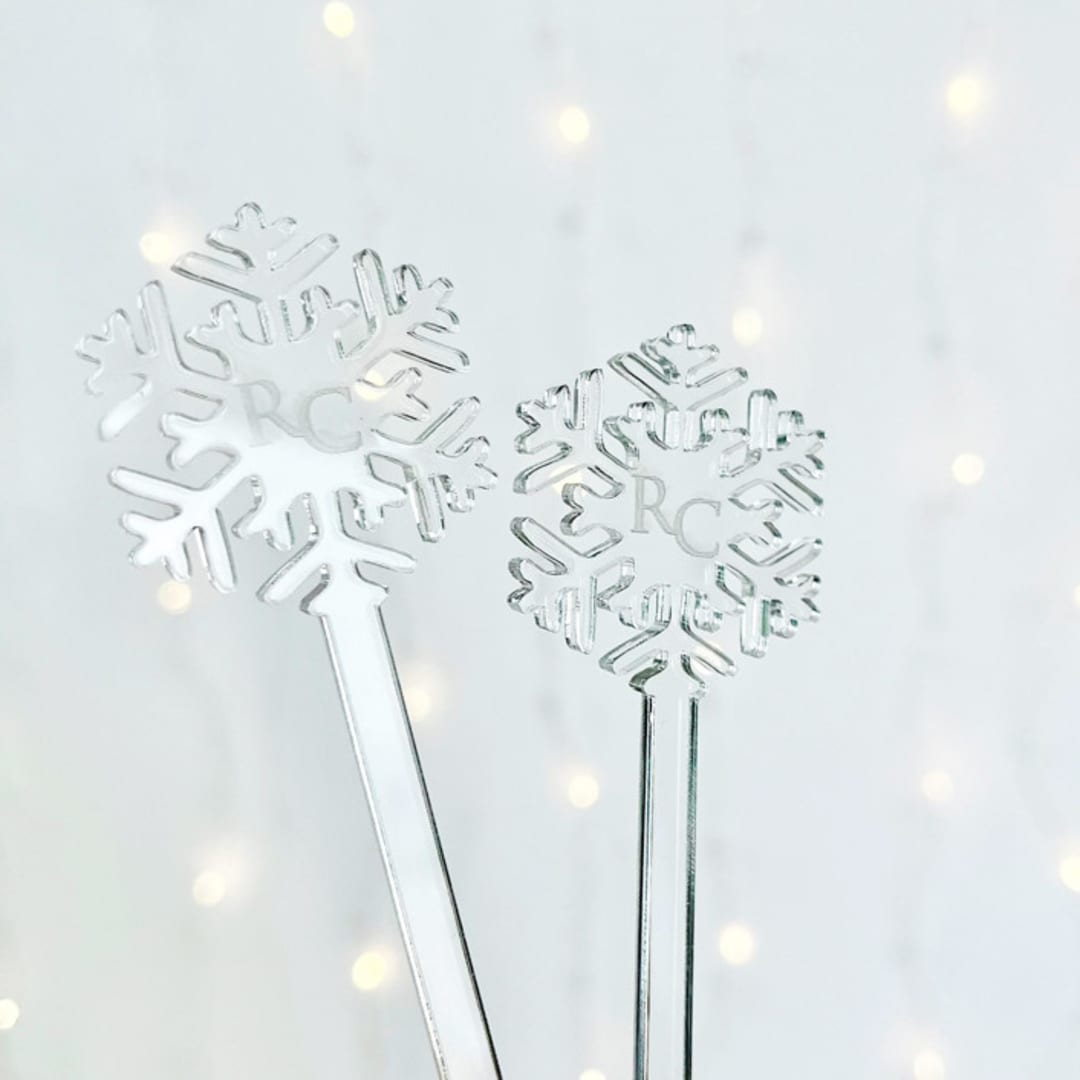 "Personalized Snowflake Silver Mirror Drink Stirrers, Custom Initials | Set of 10" - Stir Sticks in clear by Self Stationery