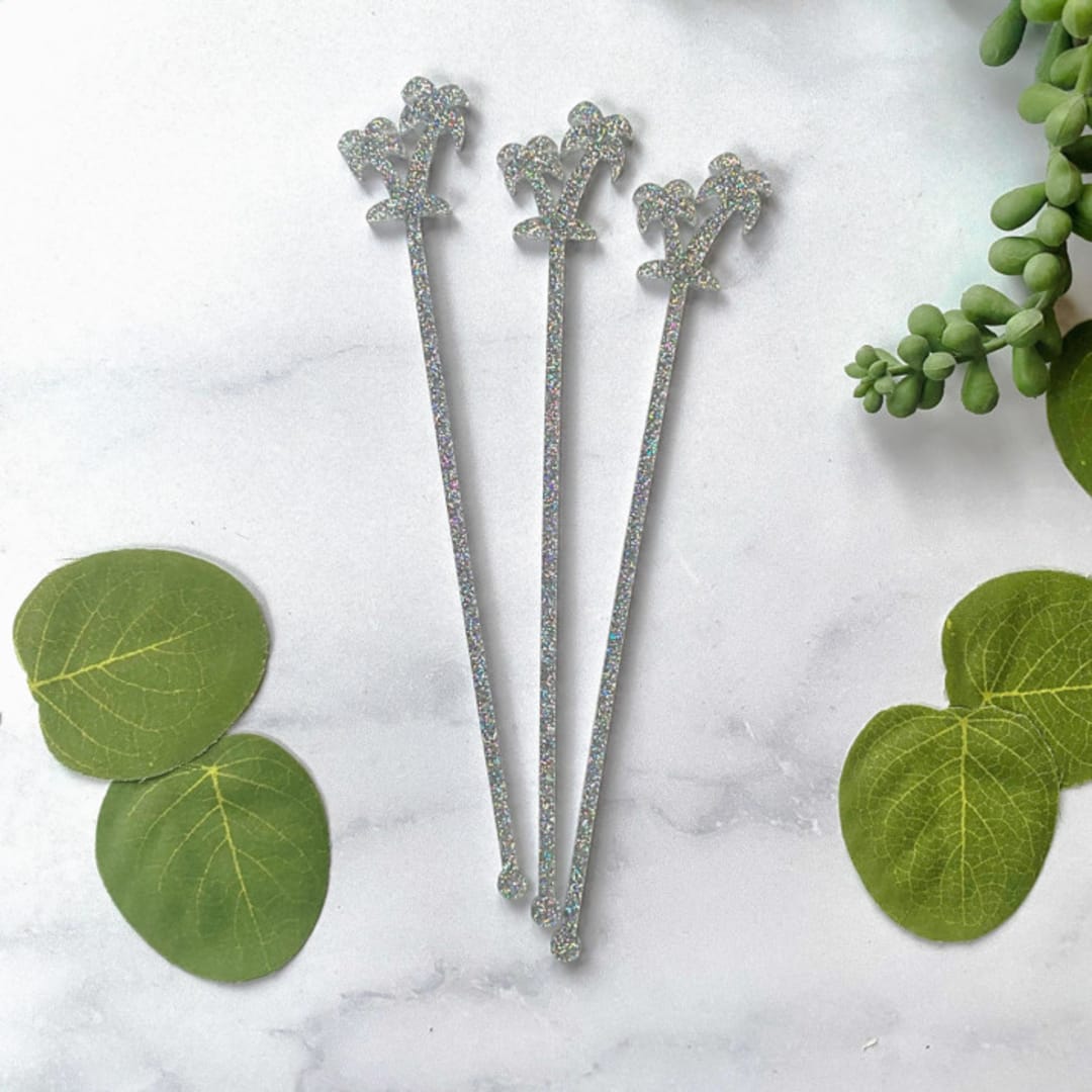 Palm Tree Stir Sticks - White Glitter (Set of 25)