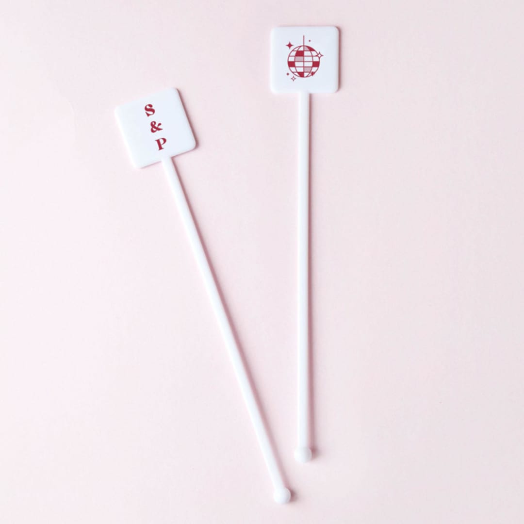"Custom Retro Wedding Disco Ball Stir Stick, plastic stir stick, set of 100" - Stir Sticks in white by ForYourParty