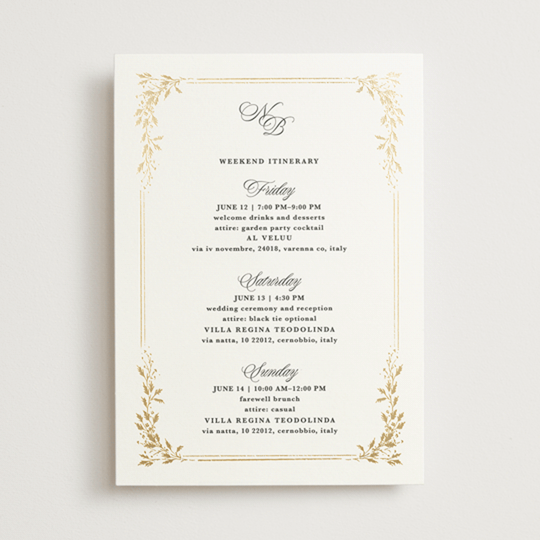 "Lake Como" - Wedding Weekend Itinerary Cards in Diamond by Kate Ahn - Front