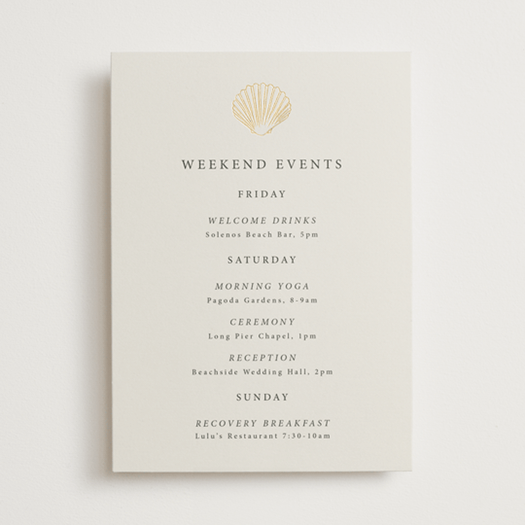 "Simple Seashell" - Wedding Weekend Itinerary Cards in Sand by Hannah Bowman - Front