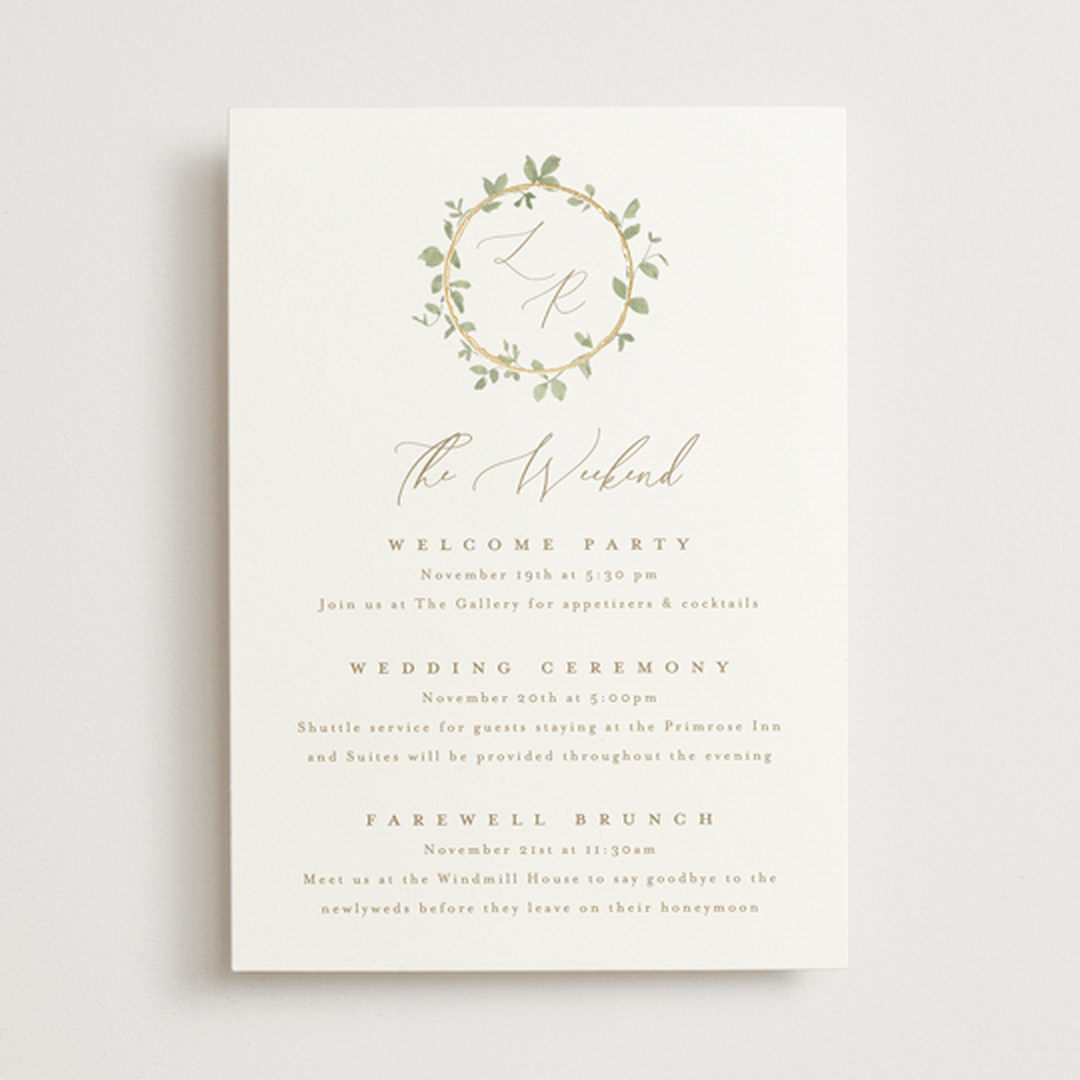 "Canopy" - Wedding Weekend Itinerary Cards in Ivy by Everett Paper Goods - Front