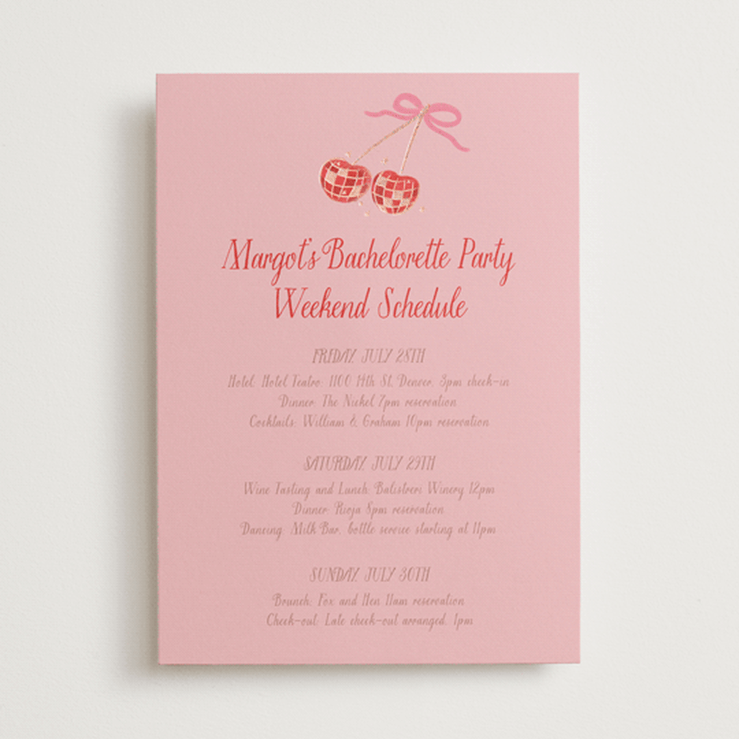 "Mon Cheri" - Wedding Weekend Itinerary Cards in Cherry Blossom by Jenna Holcomb - Front
