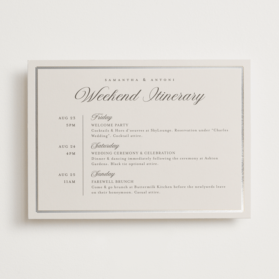 "Tux" - Wedding Weekend Itinerary Cards in Antique by Nicole Walsh - Front