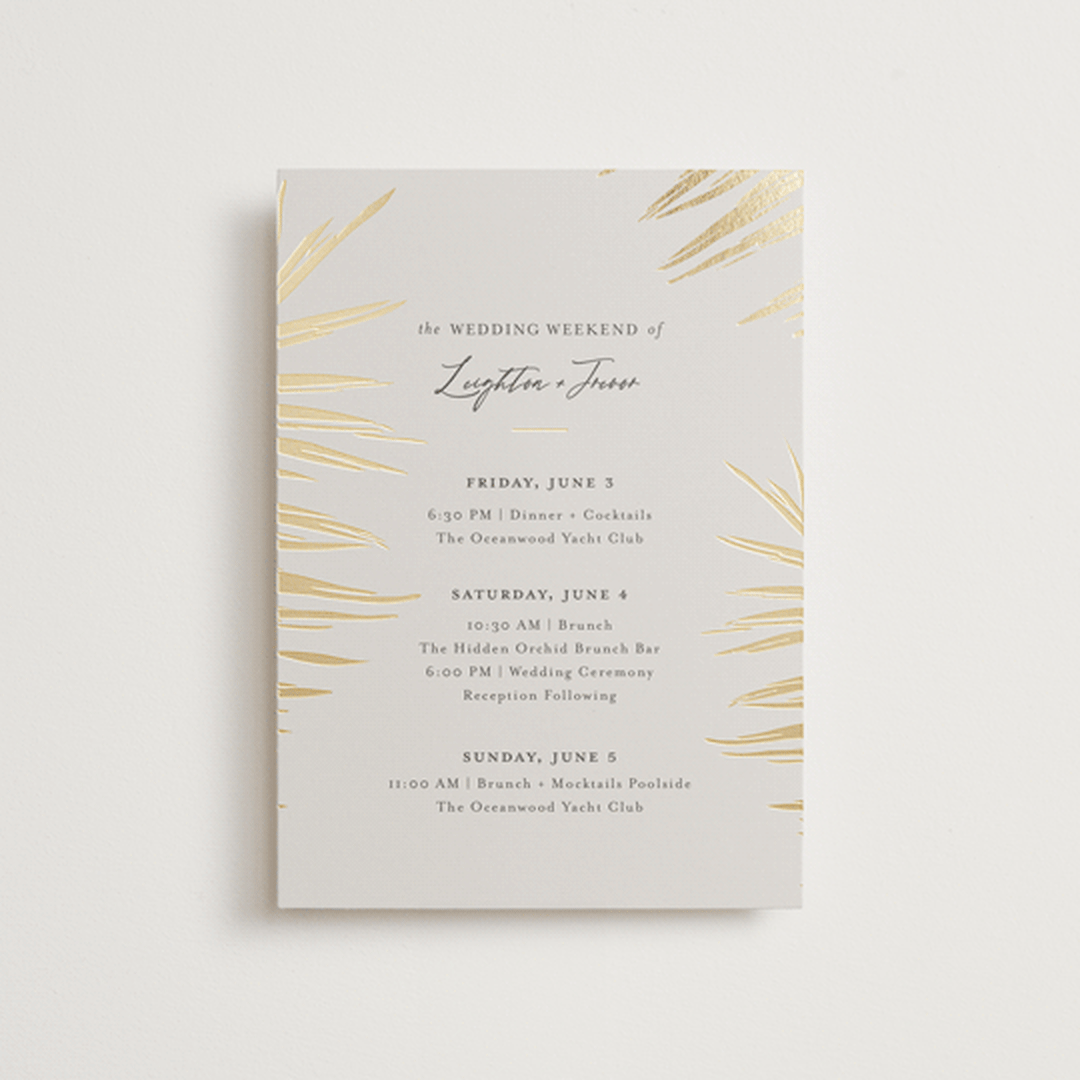 "Gilded Palm" - Wedding Weekend Itinerary Cards in Sand by Melinda Denison - Front