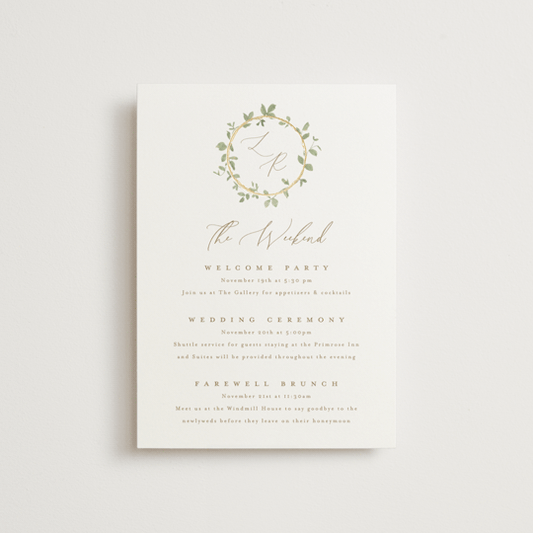 "Canopy" - Wedding Weekend Itinerary Cards in Ivy by Everett Paper Goods - Front
