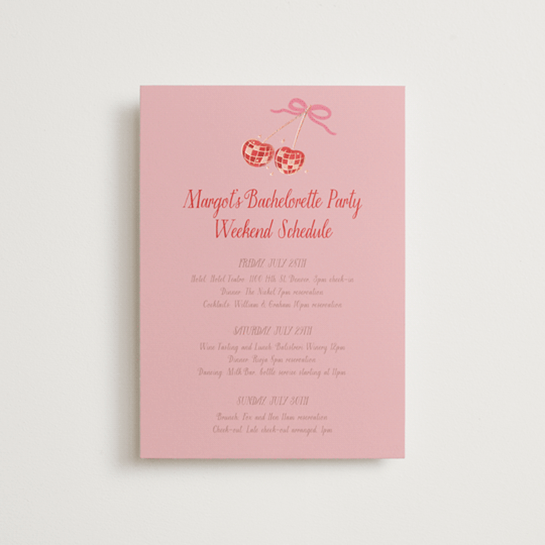 "Mon Cheri" - Wedding Weekend Itinerary Cards in Cherry Blossom by Jenna Holcomb - Front