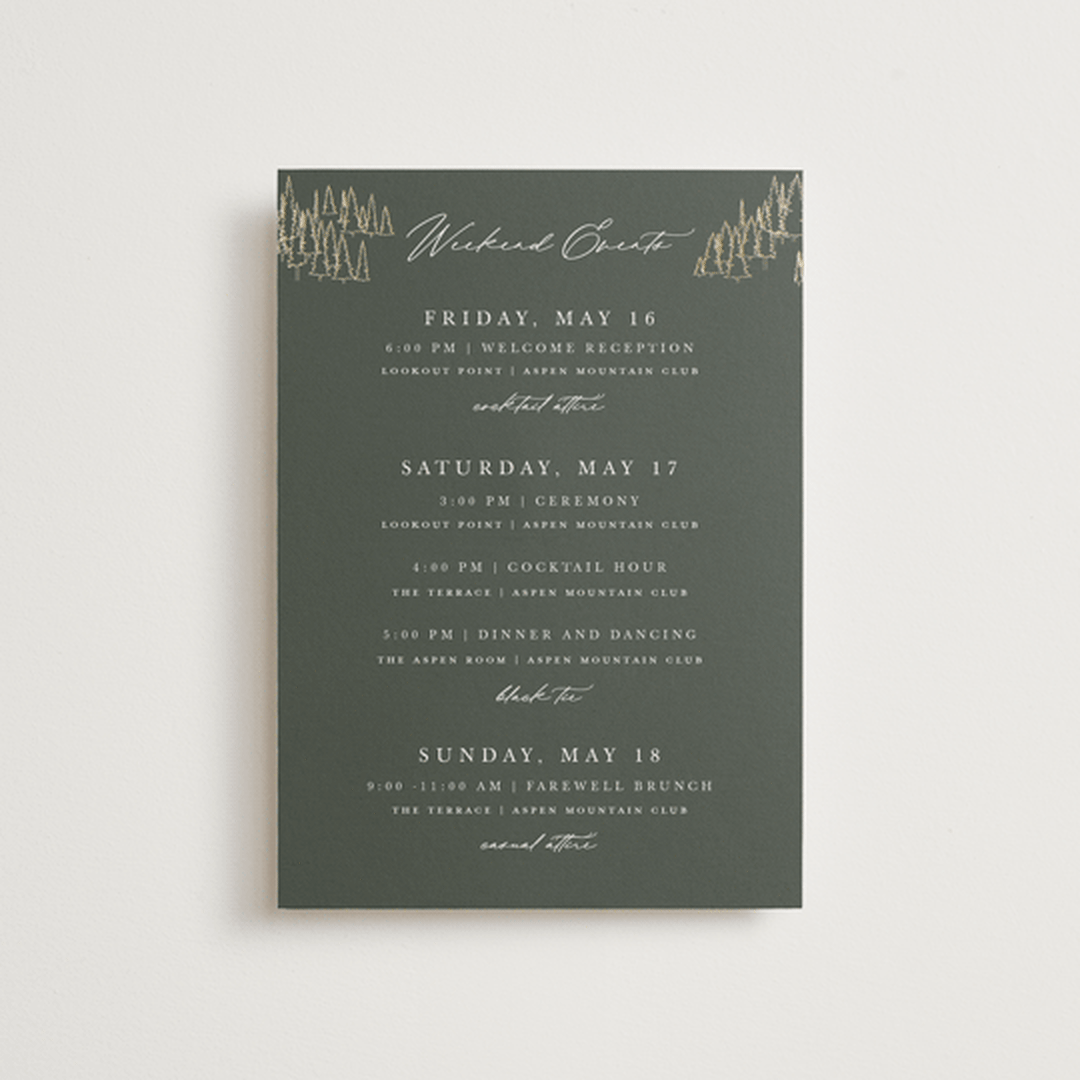"Peaks" - Wedding Weekend Itinerary Cards in Hunter by Sarah Brown - Front