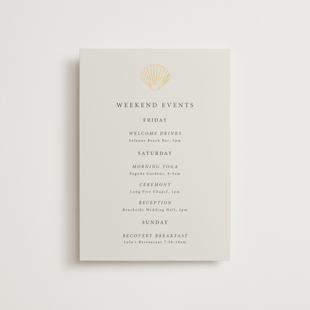 "Simple Seashell" - Wedding Weekend Itinerary Cards in Sand by Hannah Bowman - Front