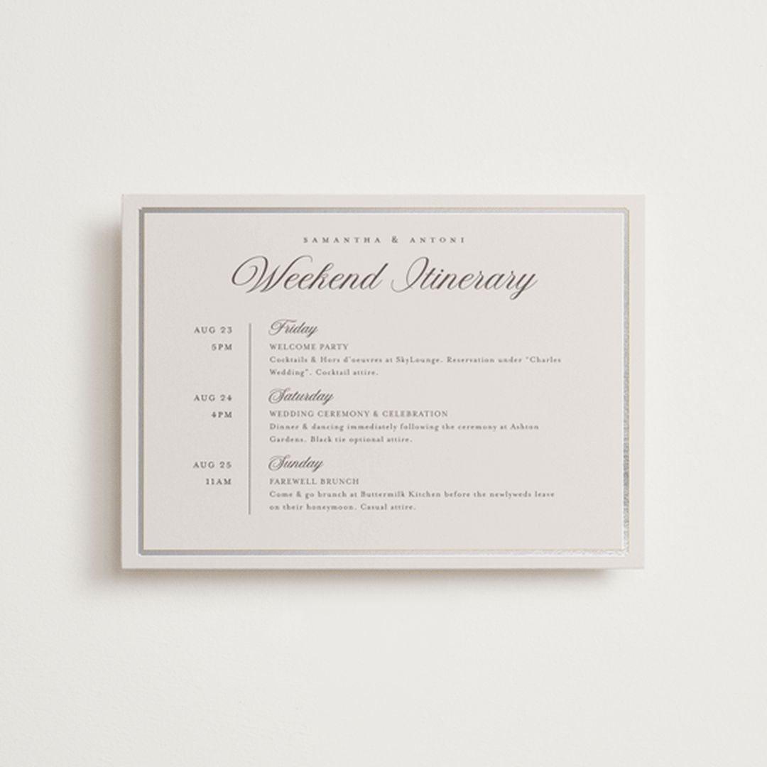 "Tux" - Wedding Weekend Itinerary Cards in Antique by Nicole Walsh - Front