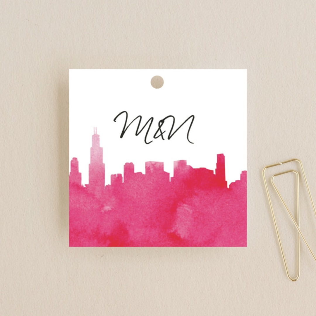 "Skyline Chicago" - Wedding Favor Tags in Magenta by Laura Condouris - Front