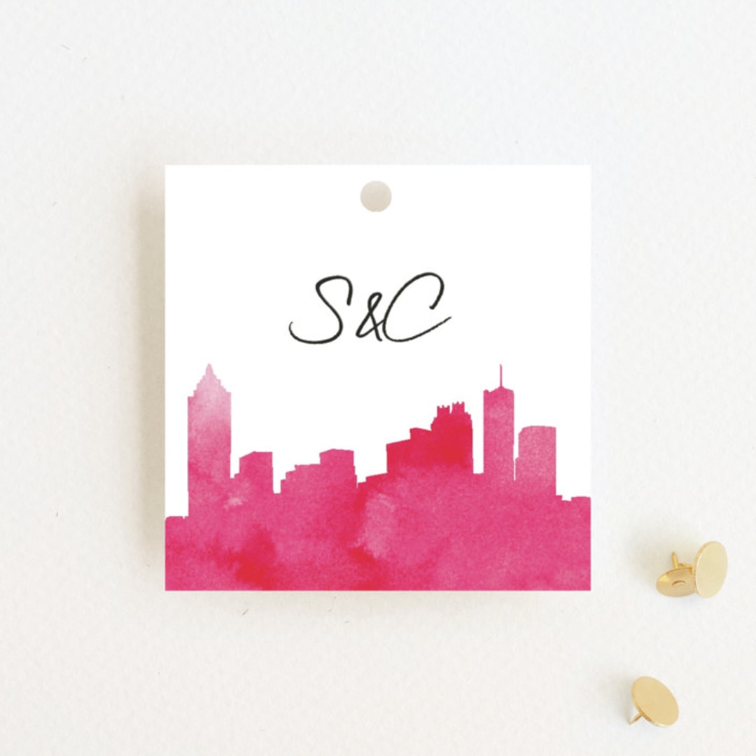 "Skyline Atlanta" - Wedding Favor Tags in Magenta by Laura Condouris - Front