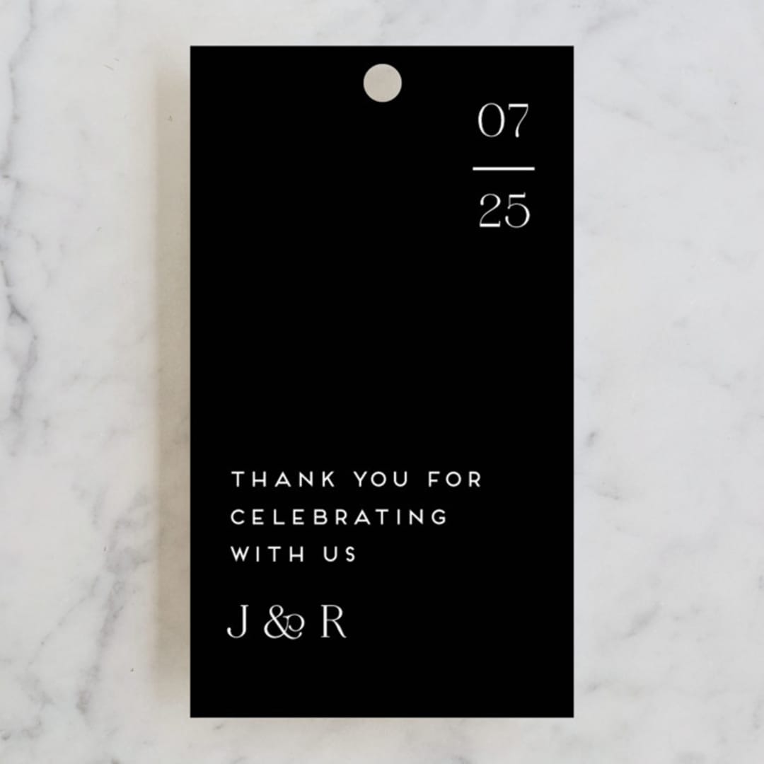 "Aligning" - Wedding Favor Tags in Tuxedo by Genna Blackburn - Front