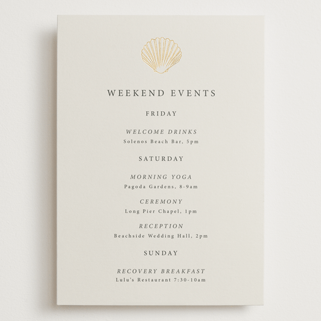 "Simple Seashell" - Wedding Weekend Itinerary Cards in Sand by Hannah Bowman - Front