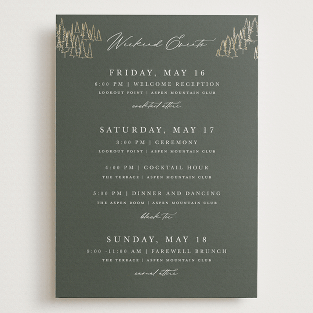 "Peaks" - Wedding Weekend Itinerary Cards in Hunter by Sarah Brown - Front