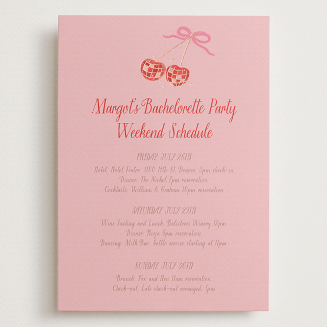 "Mon Cheri" - Wedding Weekend Itinerary Cards in Cherry Blossom by Jenna Holcomb - Front