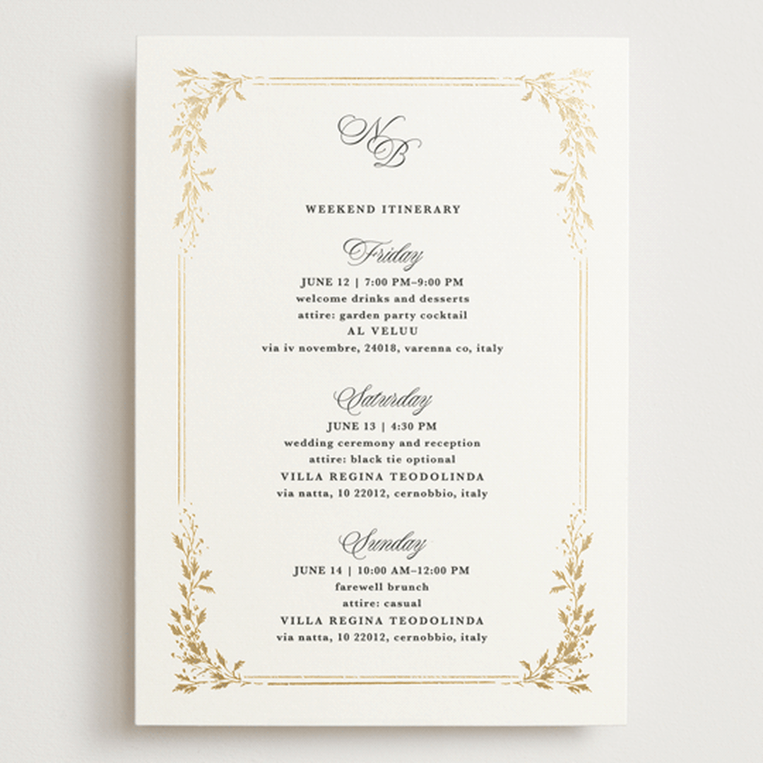 "Lake Como" - Wedding Weekend Itinerary Cards in Diamond by Kate Ahn - Front