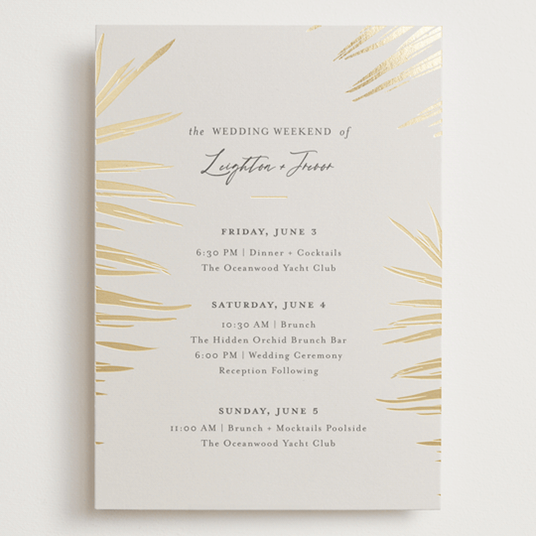 "Gilded Palm" - Wedding Weekend Itinerary Cards in Sand by Melinda Denison - Front