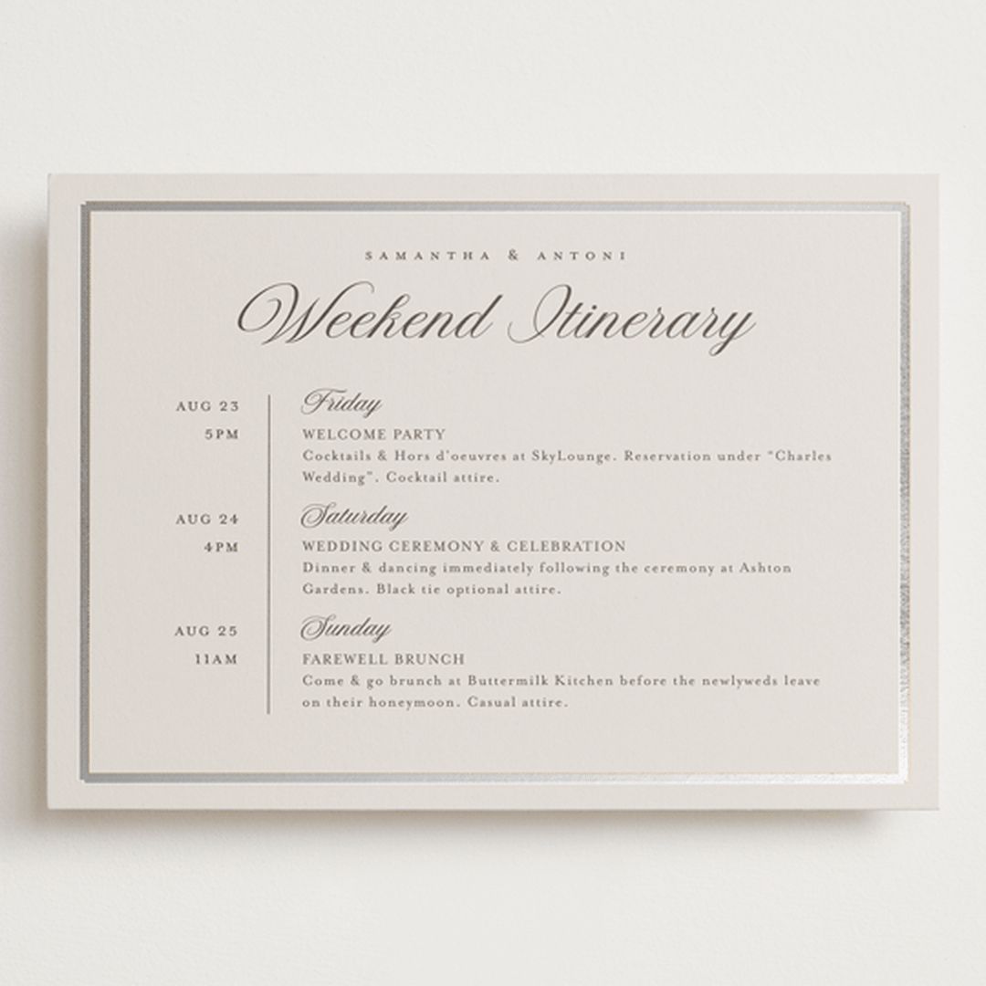 "Tux" - Wedding Weekend Itinerary Cards in Antique by Nicole Walsh - Front