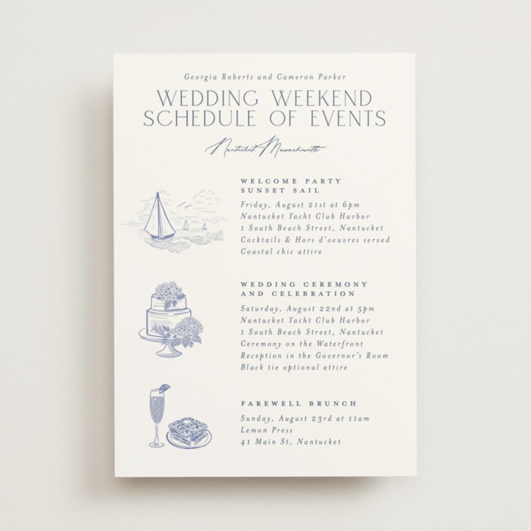 "Coastal Toile" - Wedding Weekend Itinerary Cards in Periwinkle by Jenna Holcomb - Front