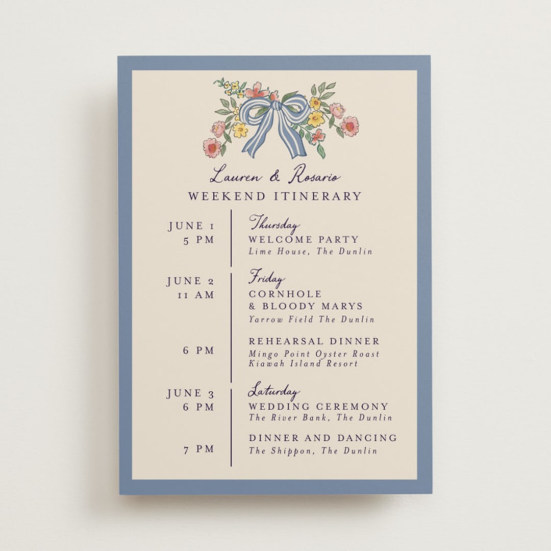 "A wedding in Low Country" - Wedding Weekend Itinerary Cards in Cornflower by Chris Griffith - Front