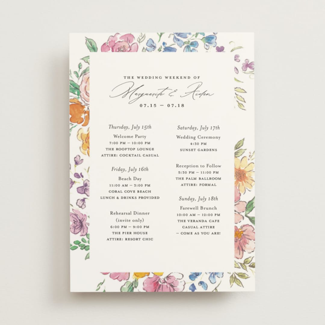 "Floral Pop" - Wedding Weekend Itinerary Cards in Tropical by Itsy Belle Studio - Front