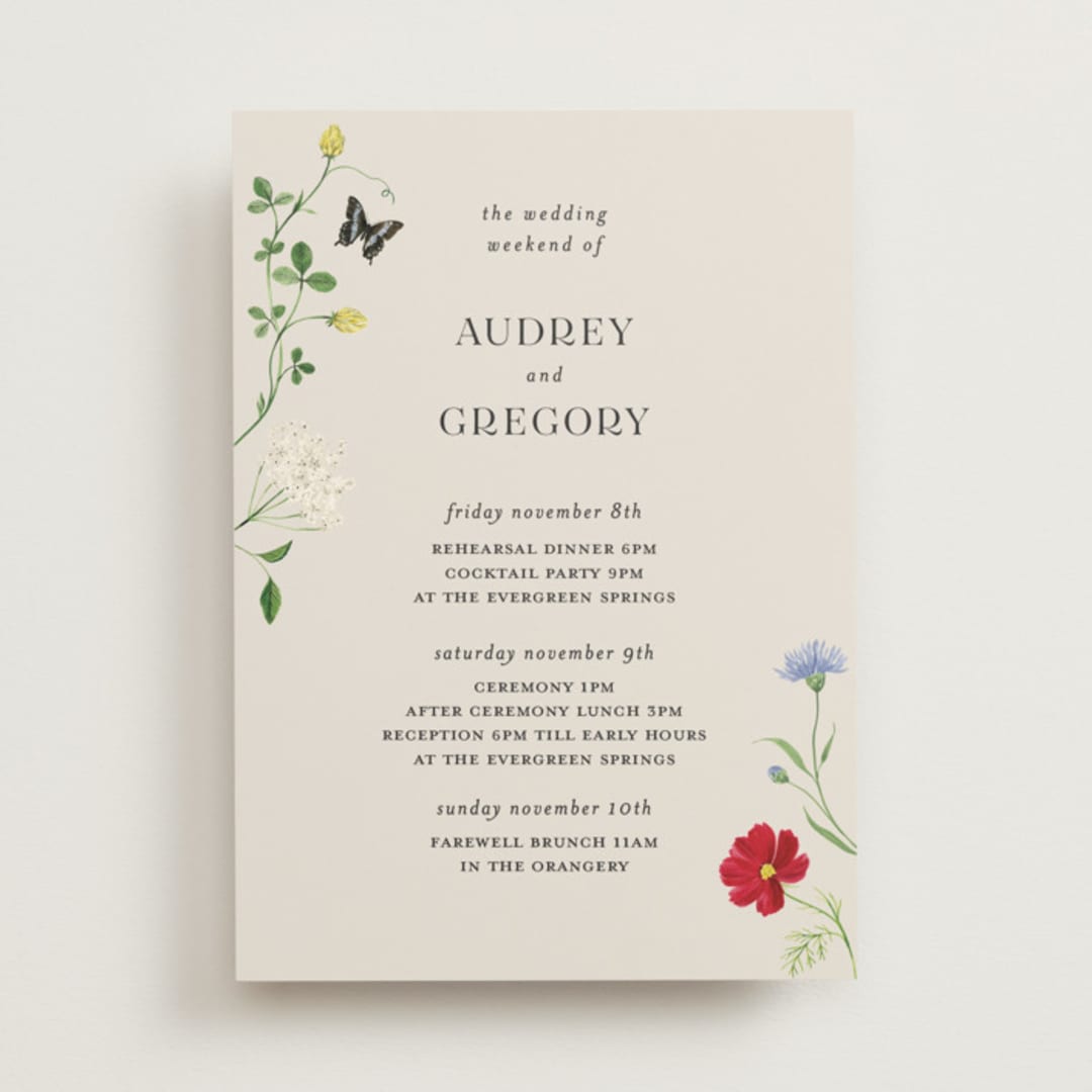 "Wild meadow" - Wedding Weekend Itinerary Cards in Elder Flower by Sarah Knight - Front
