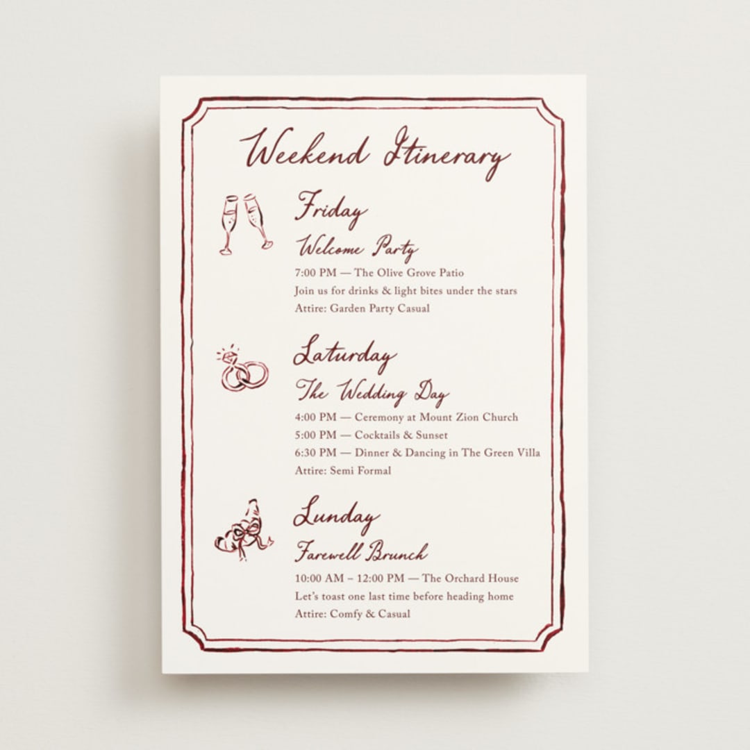 "Handwritten" - Wedding Weekend Itinerary Cards in Wine by Cass Loh - Front