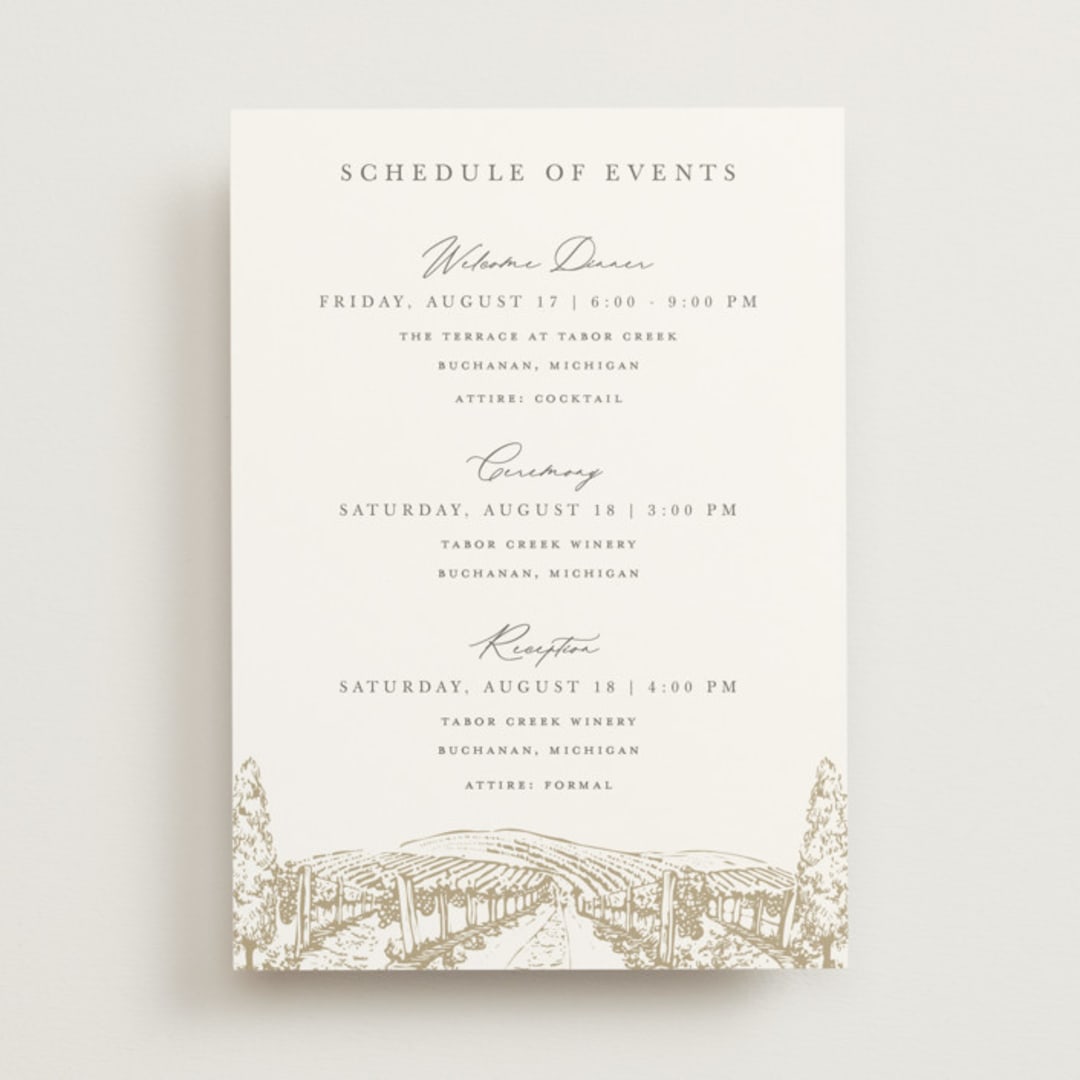 "Vineyard" - Wedding Weekend Itinerary Cards in Champagne by Sarah Brown - Front