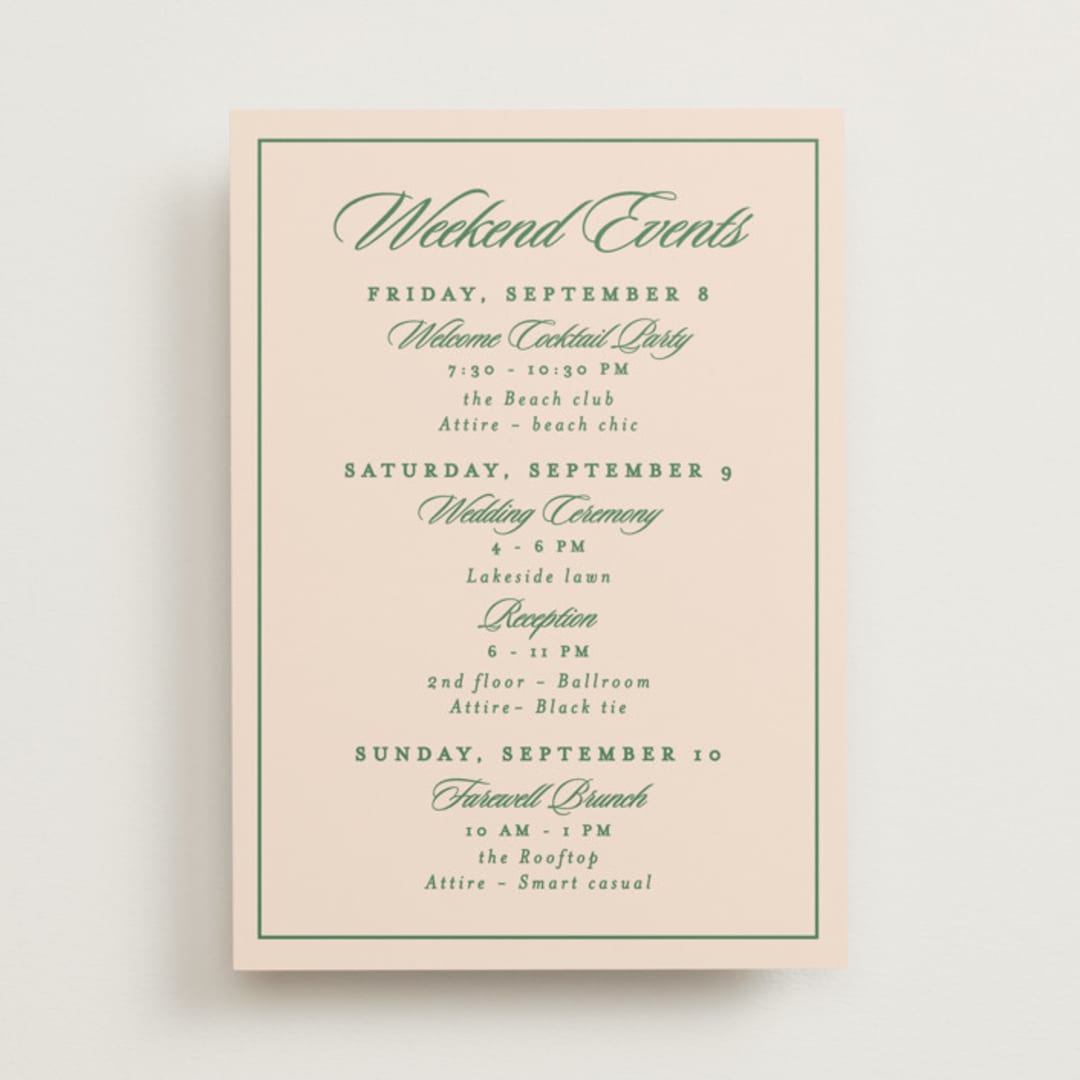 "Scripted" - Wedding Weekend Itinerary Cards in Emerald by Creo Study - Front