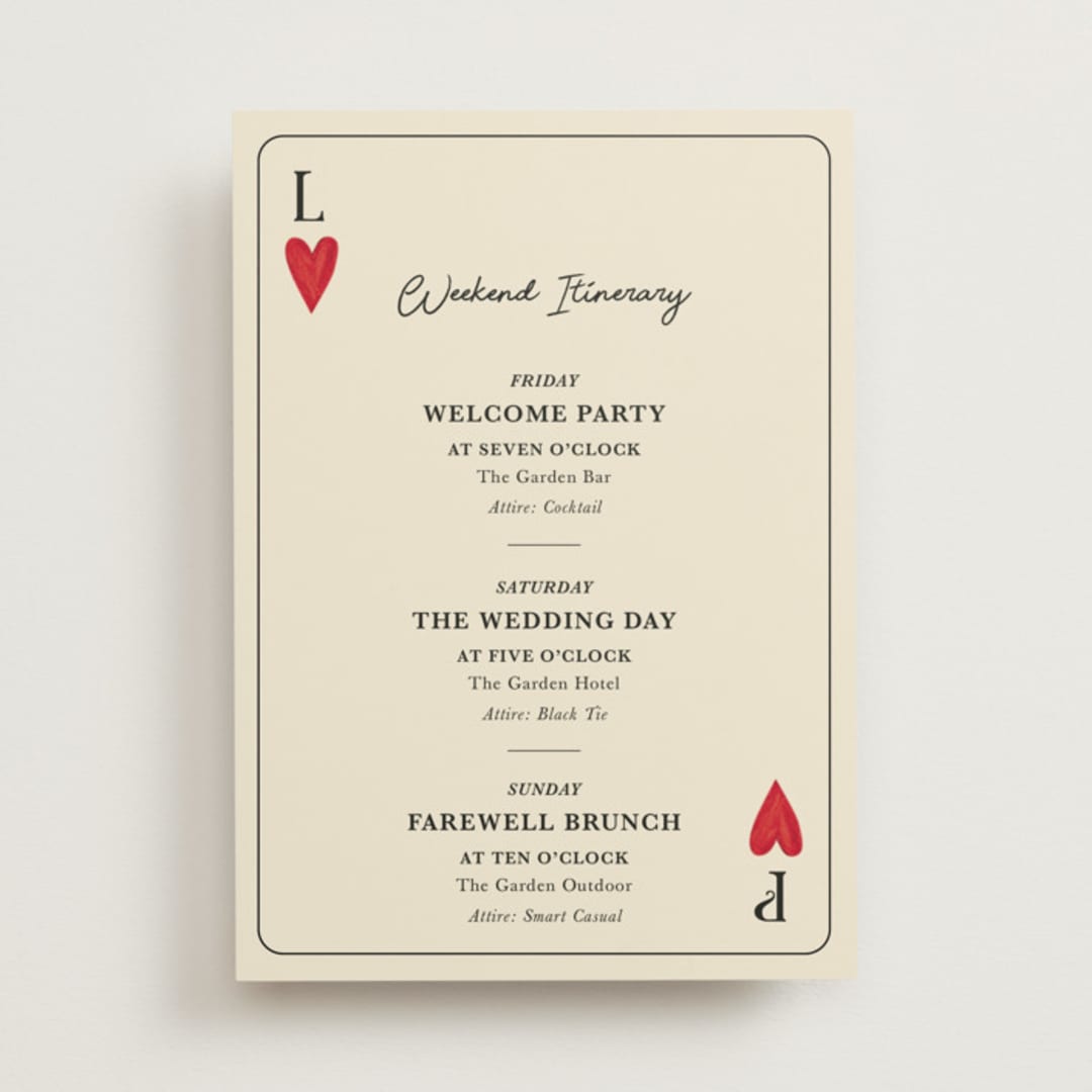 "Red Hearts" - Wedding Weekend Itinerary Cards in Champagne by Helena Vitto - Front