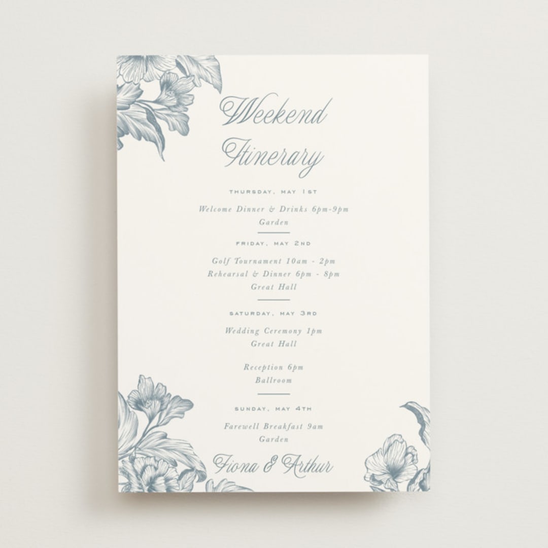 "Wreath In Bloom" - Wedding Weekend Itinerary Cards in Lake by Leah Bisch - Front