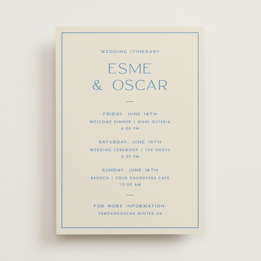 "Brooklyn" - Wedding Weekend Itinerary Cards in Cerulean by Ellen Schlegelmilch - Front
