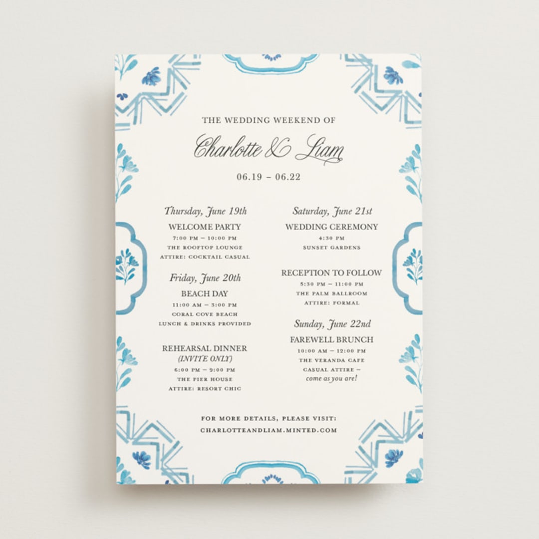"Almafi" - Wedding Weekend Itinerary Cards in Cerulean by Itsy Belle Studio - Front