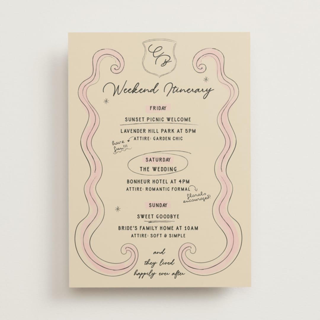 "Modern Fairy Tale" - Wedding Weekend Itinerary Cards in Rose by Helena Vitto - Front