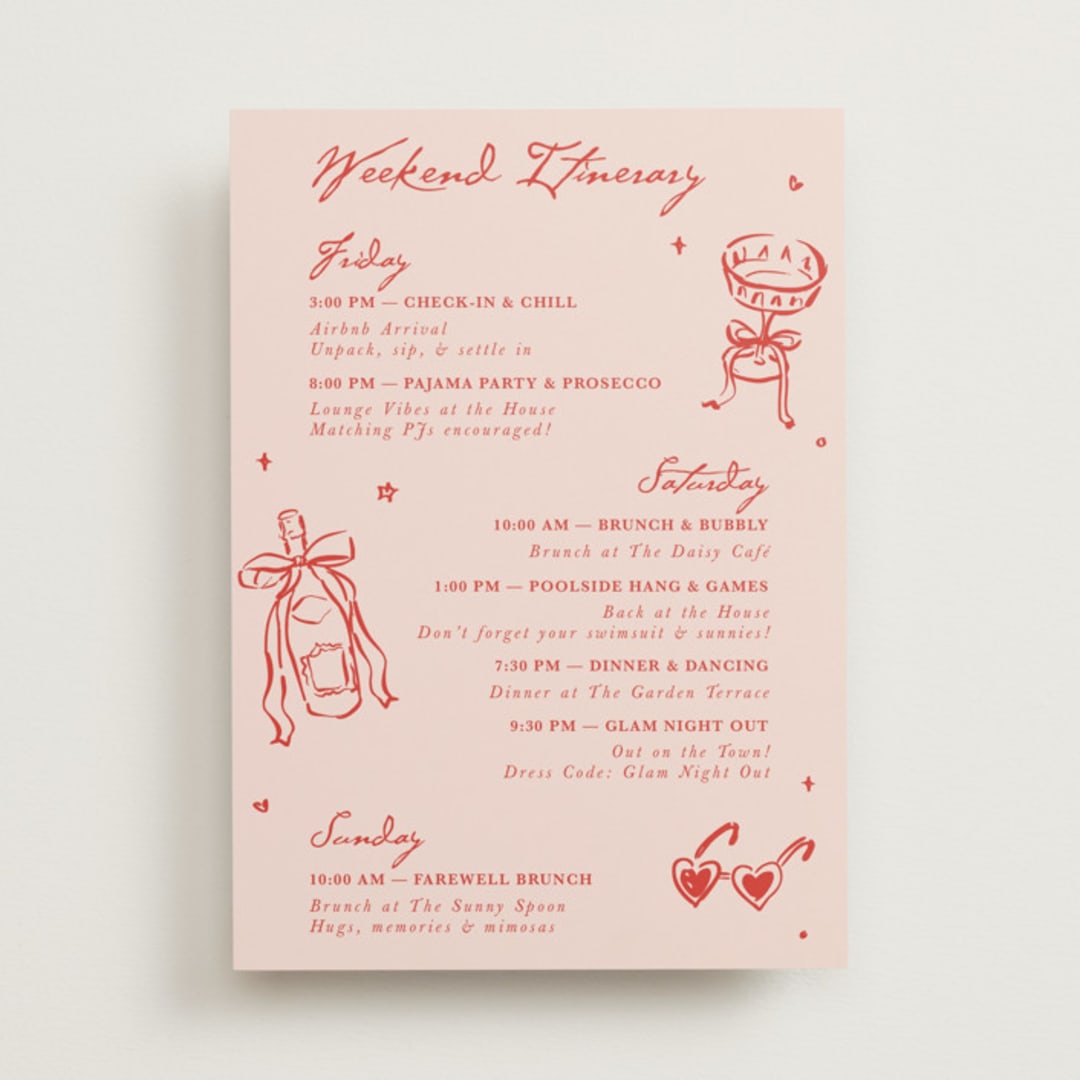 "Cheers to Love" - Wedding Weekend Itinerary Cards in Scarlet by Cass Loh - Front