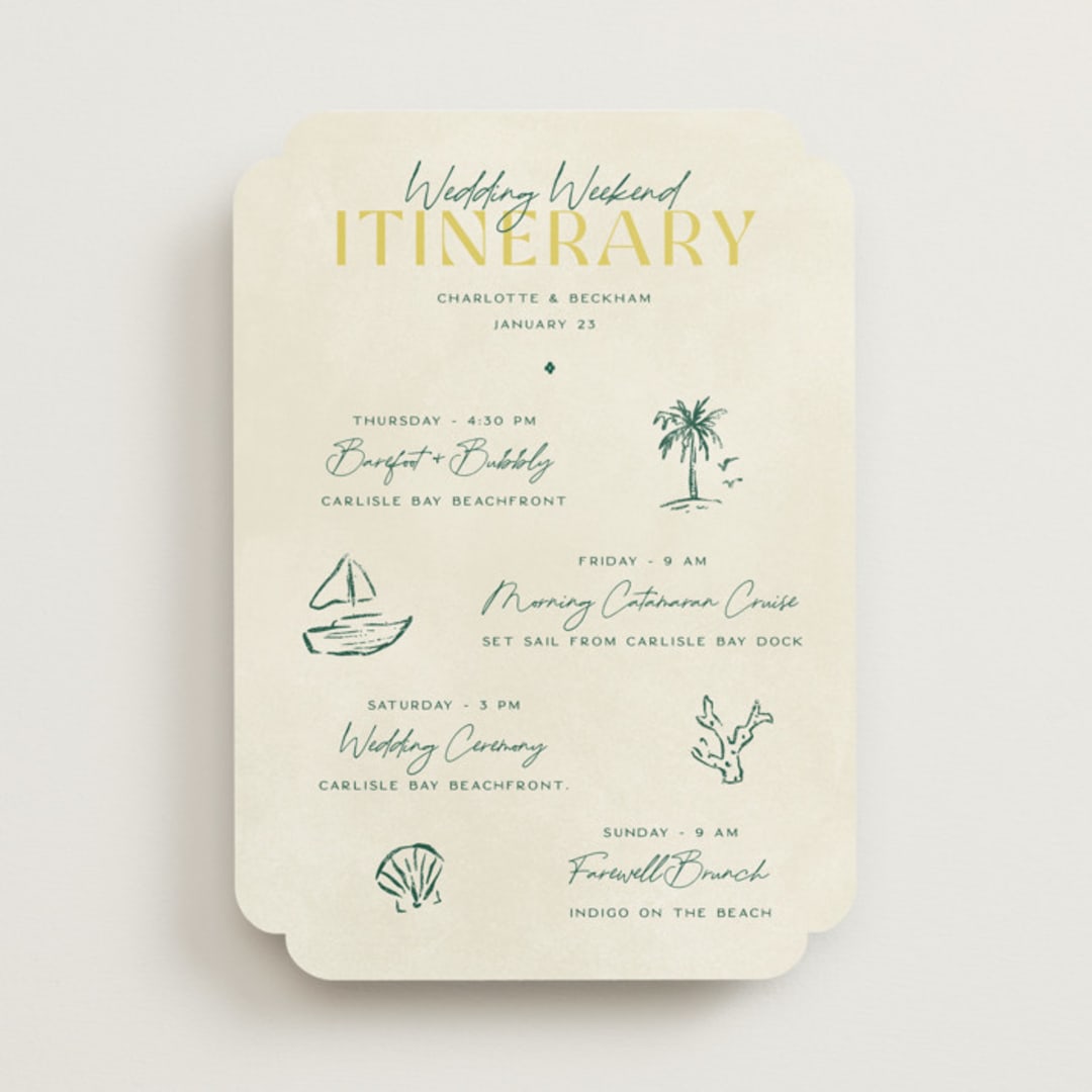 "Coastal Drift" - Wedding Weekend Itinerary Cards in Caribbean Citrus by Pixel and Hank - Front