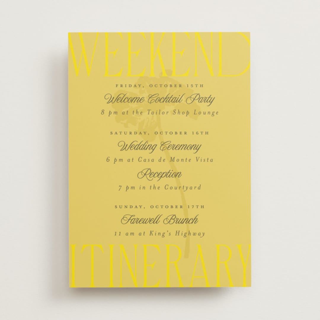 "Bloom" - Wedding Weekend Itinerary Cards in Caribbean Citrus by Morgan Kendall - Front
