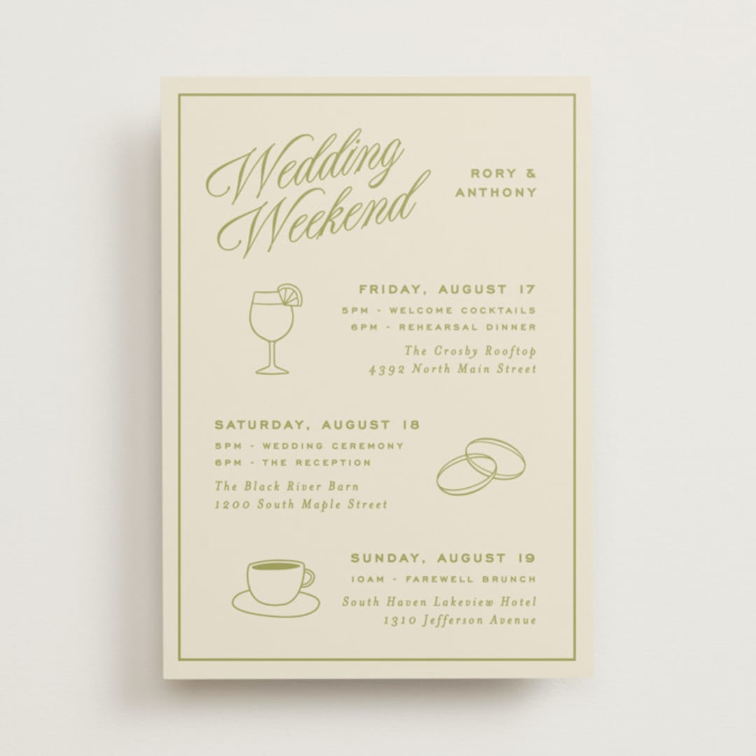 "rory" - Wedding Weekend Itinerary Cards in Olive by Ellen Schlegelmilch - Front